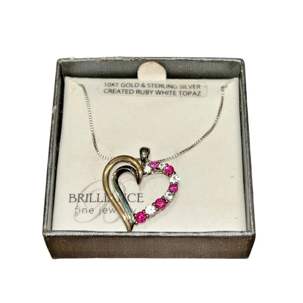 Brilliance 10K Sterling Silver Necklace 18" Double Heart Created Ruby Wt. Topaz